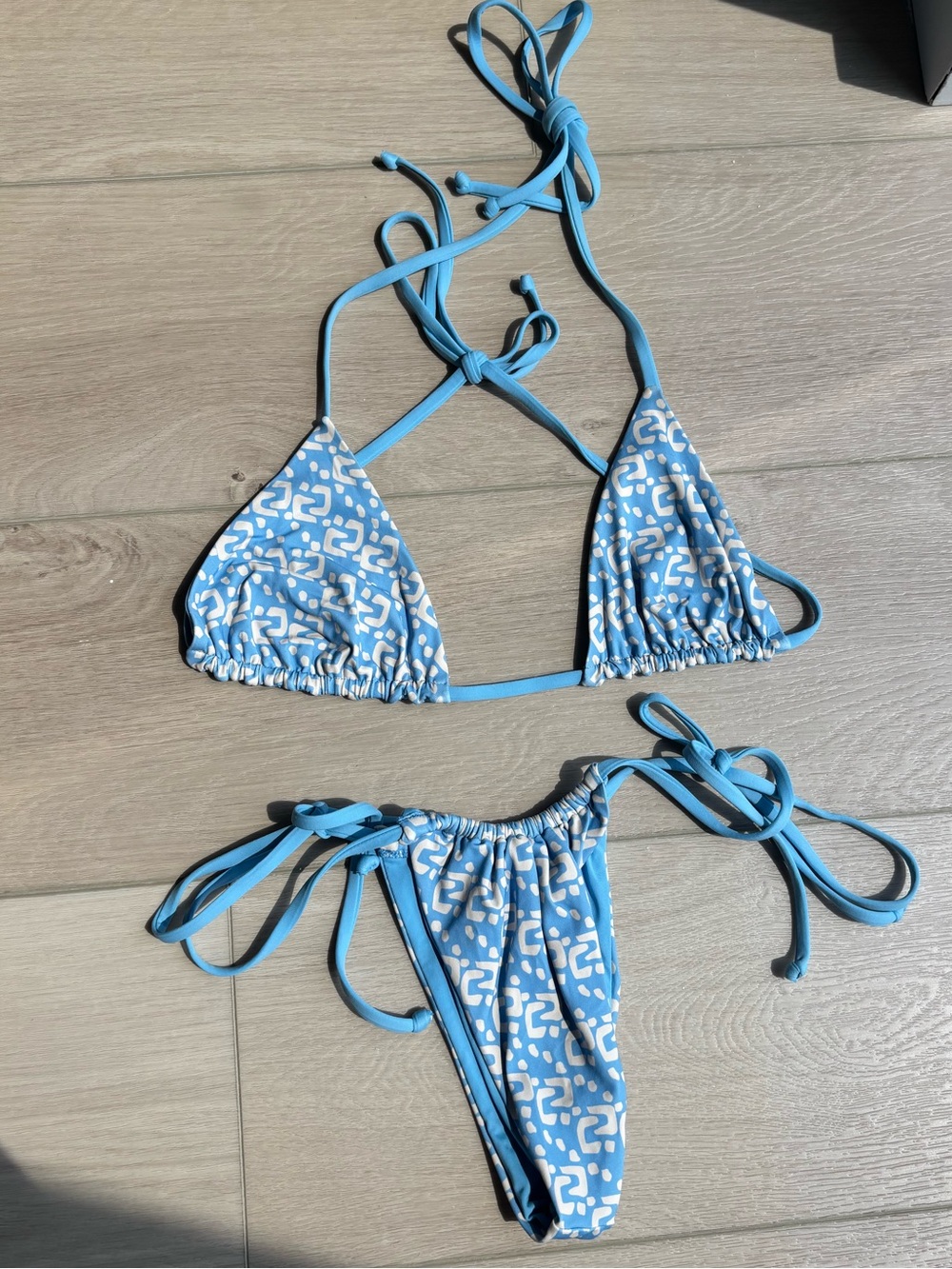 Aro Swim Light Blue & White Patterned Tie-String Bikini Size Small